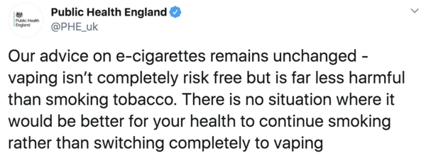 Tweet from Public Health England Regarding US Flavor Vape Ban